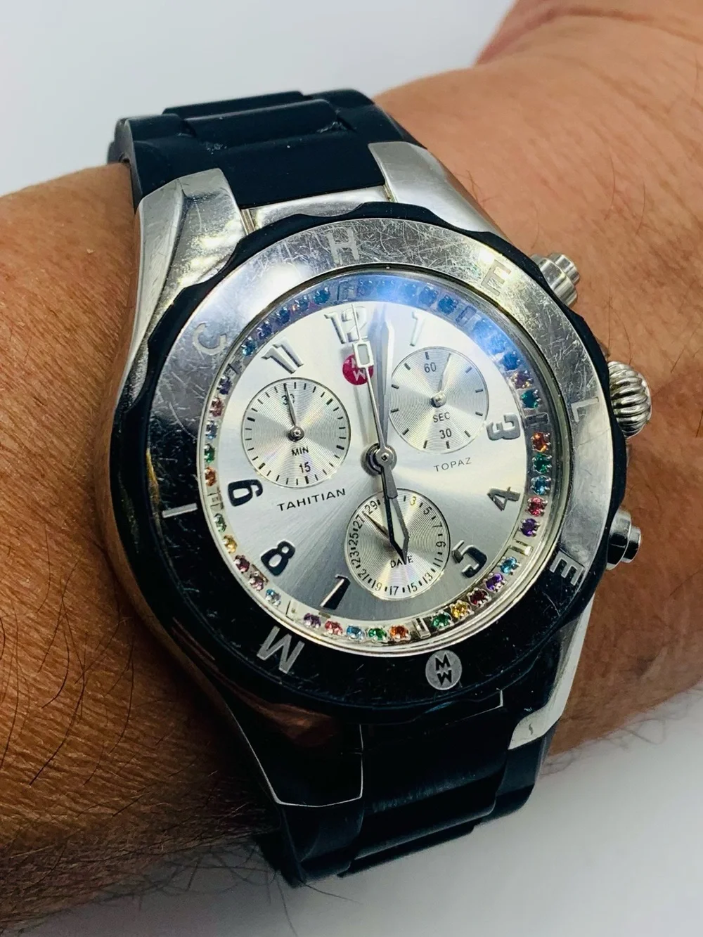 Tahitian Topaz Multi-Stone Chronograph Watch in Black and Silver